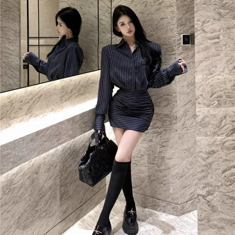 Robes chemise pour femmes Kpop sensuelles t-shirts Sexy courbés en Promotion Chic et élégant jolie robe à manches longues pour femme à rayures chaudes