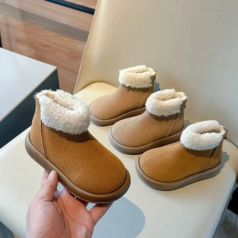 Botas de invierno para niña al aire libre, botas de nieve simples de tendencia para niños, botas de algodón informales de felpa con parte inferior gruesa, cálidas y suaves con cremallera