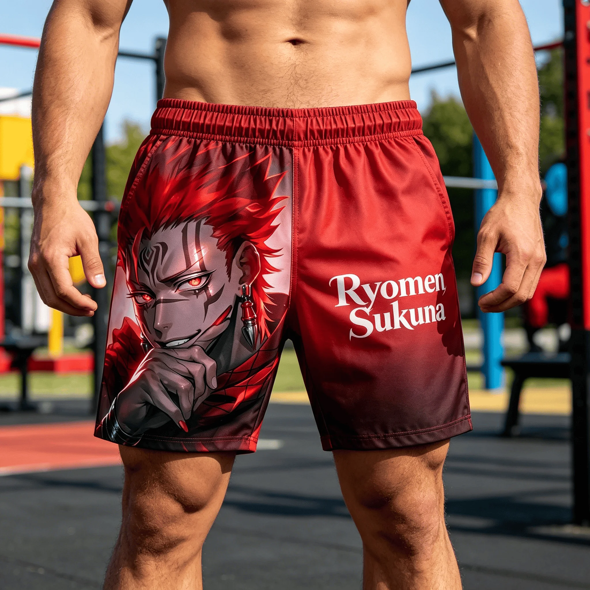 Anime Jujutsu Kaisen Ryomen Sukuna Print Men's Shorts, Black Red Gradient Quick Dry  , Summer Sports Running Board Shorts