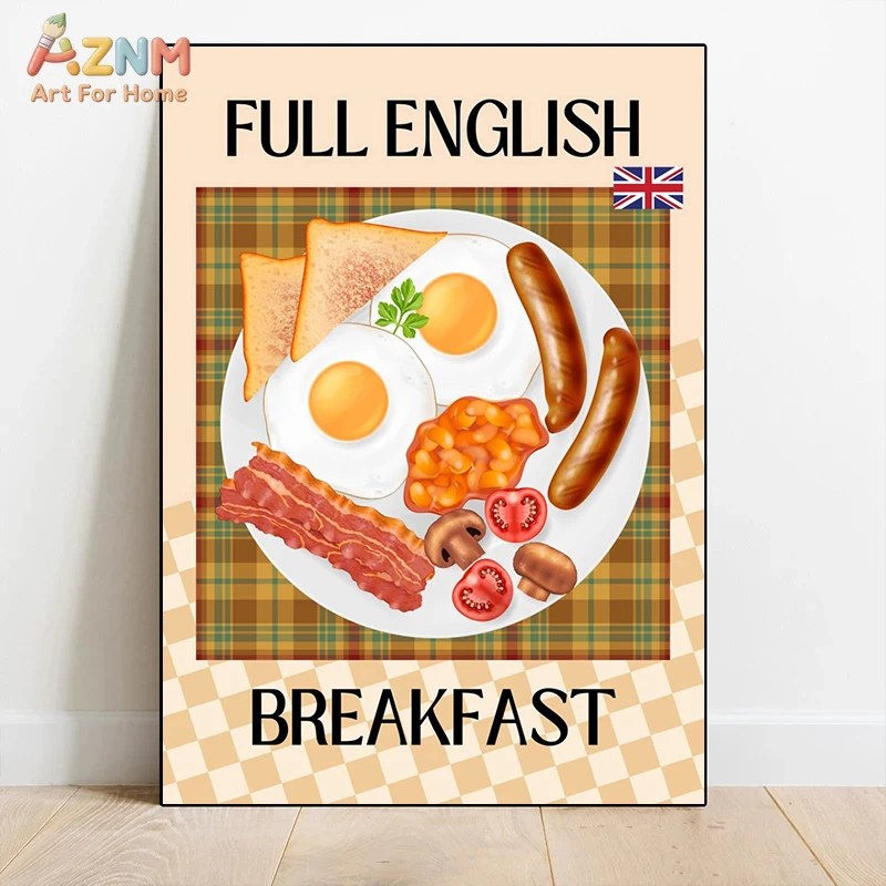 AZNM World Cuisine Food Illustration Frameless Canvas Wall Art, Global Dishes Tacos Sushi Bibimbap Print Poster for Kitchen Dine