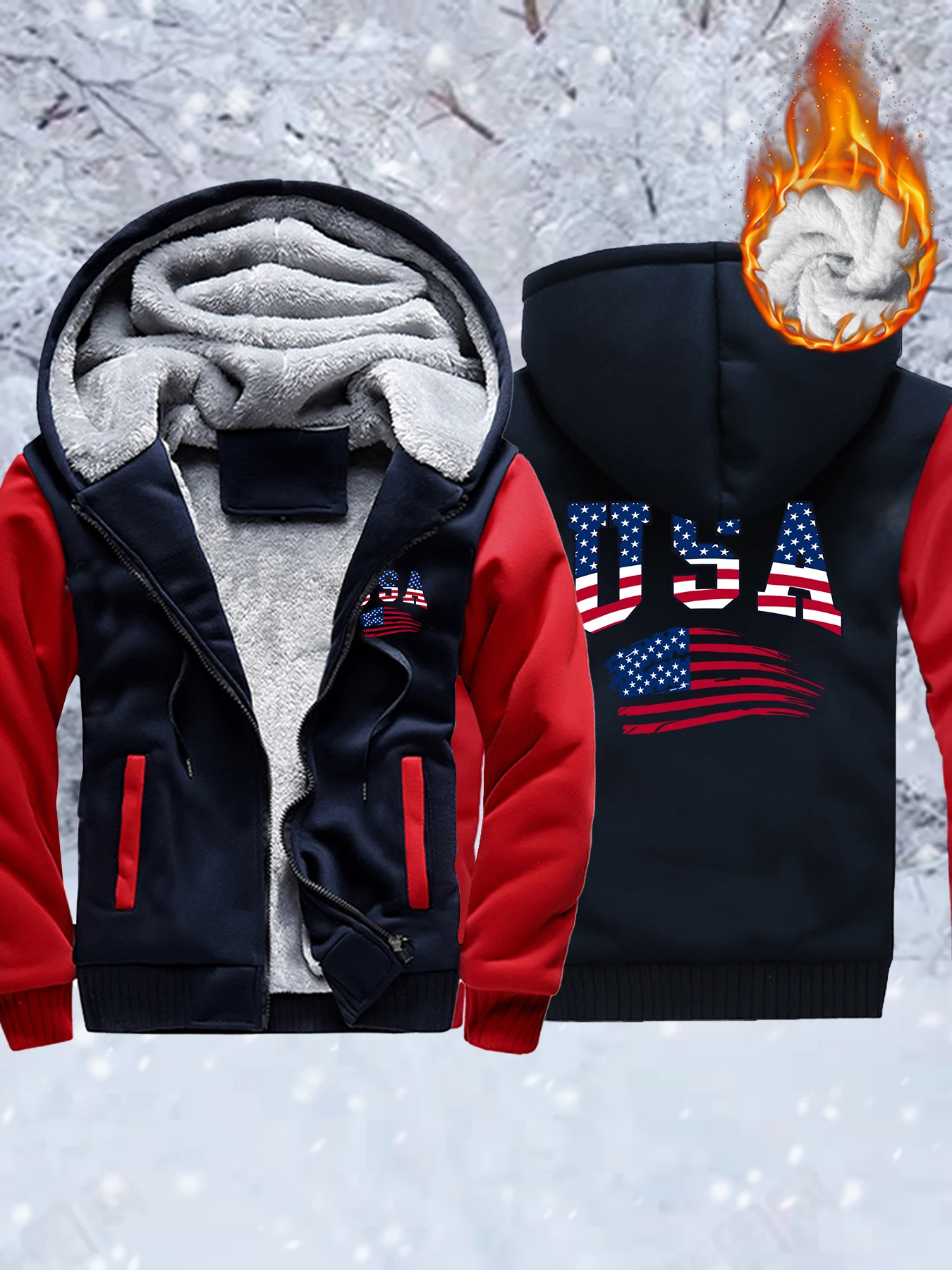 Usa America Flag Printed Men Streetwear Oversized Pocket Thicken Coats Winter Zipper Hoodies All-Match Fleece Unisex Jacket