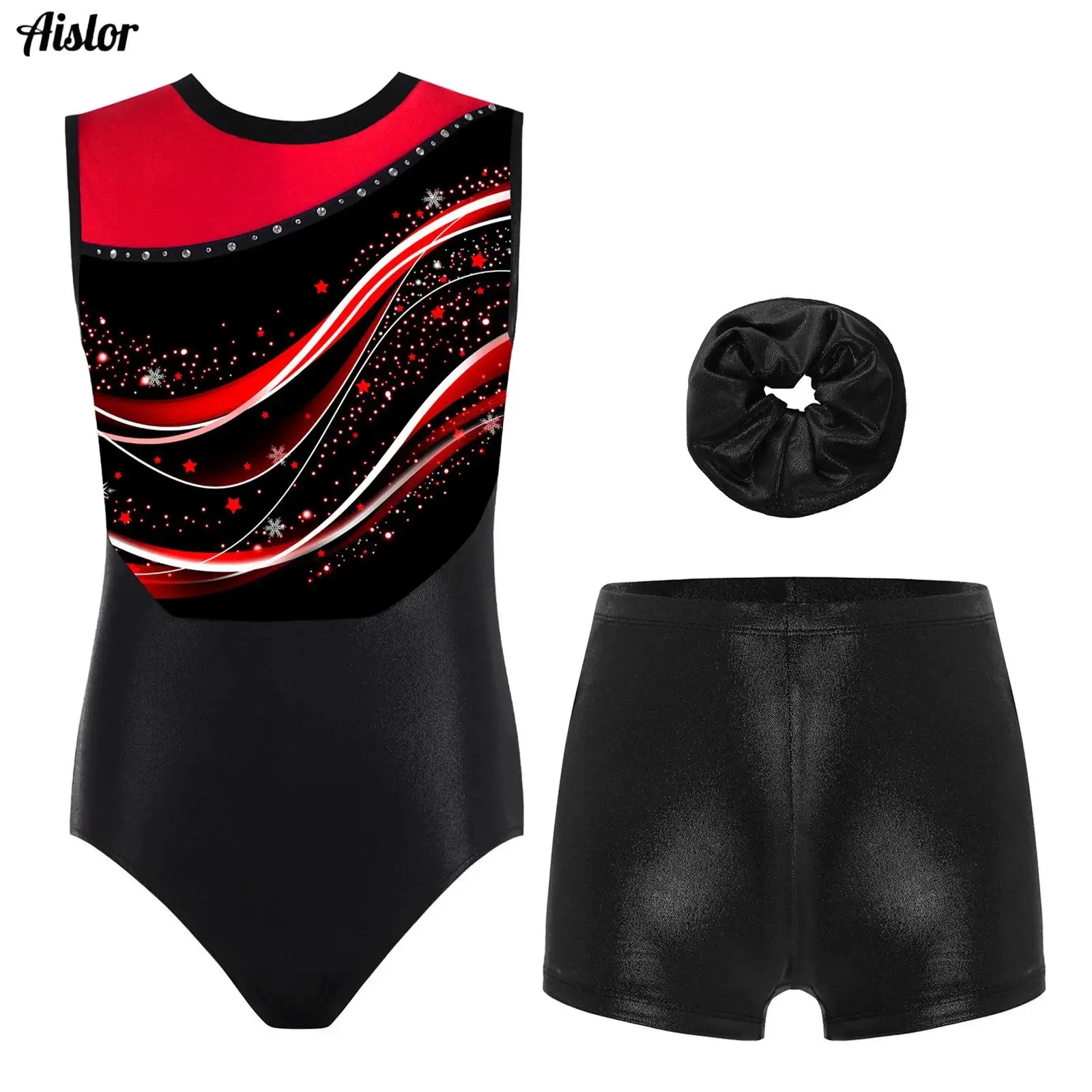 

Kids Girls 3-Piece Gymnastics Dance Outfit Sleeveless Print Color Block Leotard with Metallic Mini Dots Shorts and Hair Band