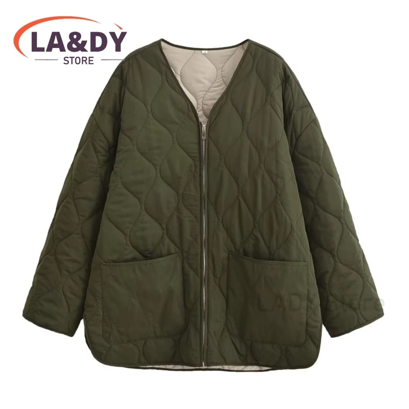 2024 Autumn Winter Women Fashion V Neck Parkas Coat Female Casual  Loose Long Sleeve Army Green  Zipper Jacket Outerwears