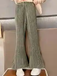 Autumn stretch slim pants for children and girls pit strip breathable comfortable simple high-waisted green fashion flare pants