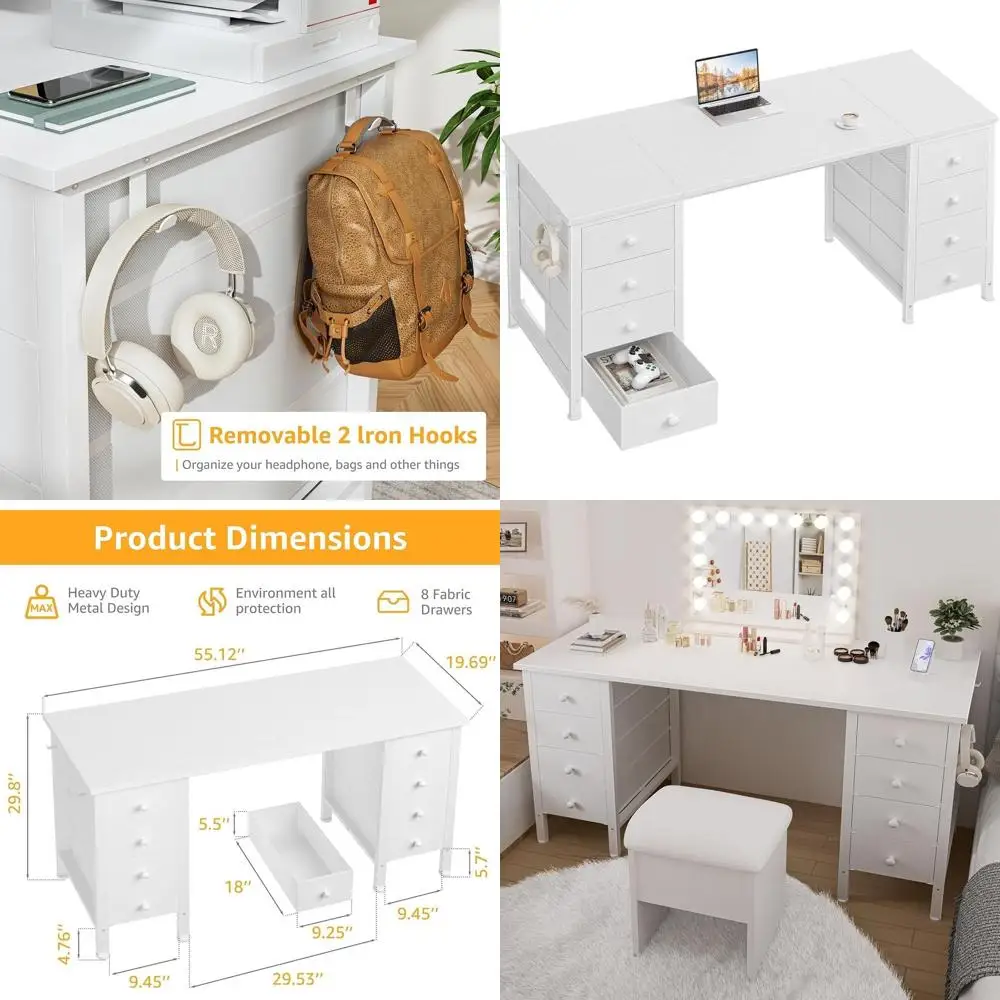 55 مكتب كمبيوتر بأدراج مزدوجة الجوانب للمكتب المنزلي، طاولة دراسة للفتيات والمراهقات مع مساحة تخزين، مكتب زينة للمكياج بدون مرآة،