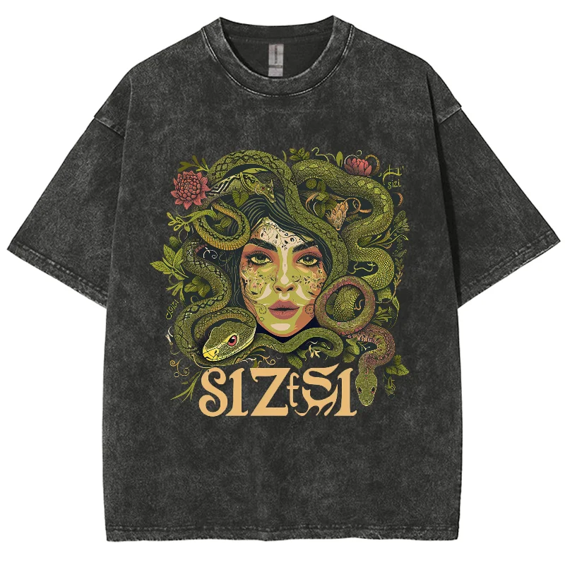 Medusa Snake Greek Mythology, Hiphop Y2K Washed T-shirt,  Oversized Summer Streetwear Vintage Washed Surf T-Shirts For Men Women