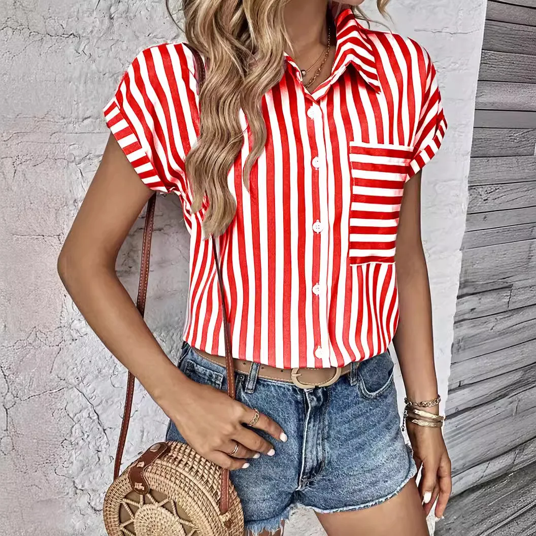 Ladies\' Blouses Vintage Stripe Shirts & Blouses 2024 Women\'s Fashion Trend Blue Short Sleeve Blouse Casual Elegant OL Work Tops