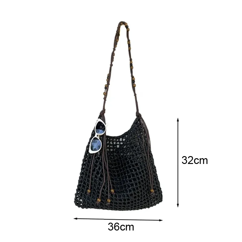 Beaded Retro Armpit Bag Large Capacity Shoulder Bag Beach Vacation Woven Bags Grass Woven Hollow Out  Tote Handbag