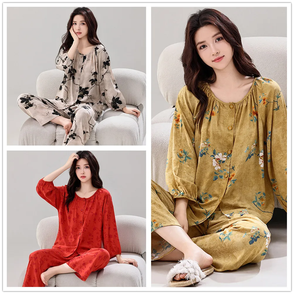 Elegant Floral Pajama Set Women Silky Viscose Loungewear French Style O-Neck 2 Piece Lounge Set