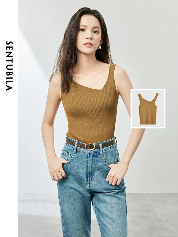 

SENTUBILA Womens Irregular Skew Collar Knitted Tank Tops 2024 Summer High Strecth Slim Casual Sleeveless Top Clothing W41I53842