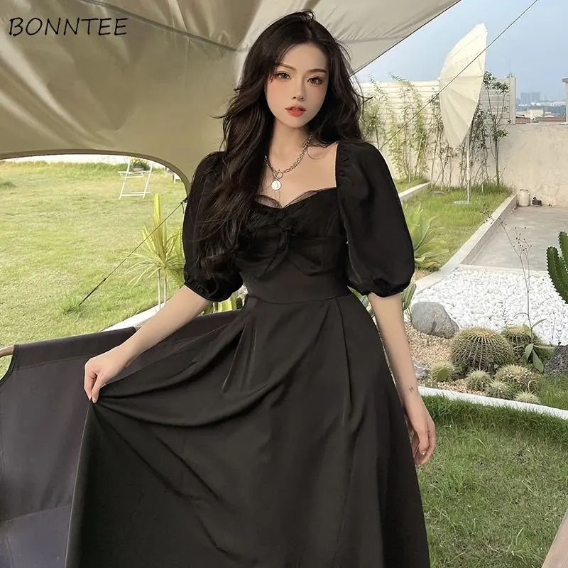 

Black M-4XL Midi Dresses Women Summer Aesthetic French Style Sweetheart Fairy Vintage Puff Sleeve Graceful Lady Vestidos Fashion