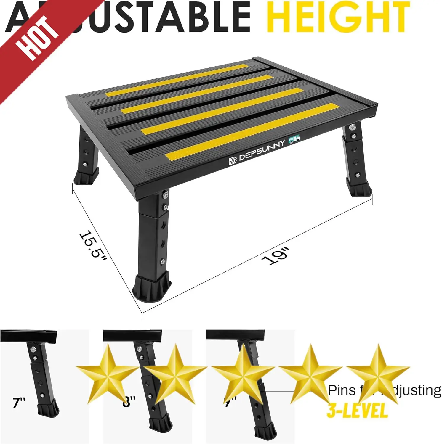 Escalón de aluminio de altura ajustable fácil de transportar, taburete con plataforma plegable estable, soporta hasta 1.000 lb, pies de goma antideslizantes