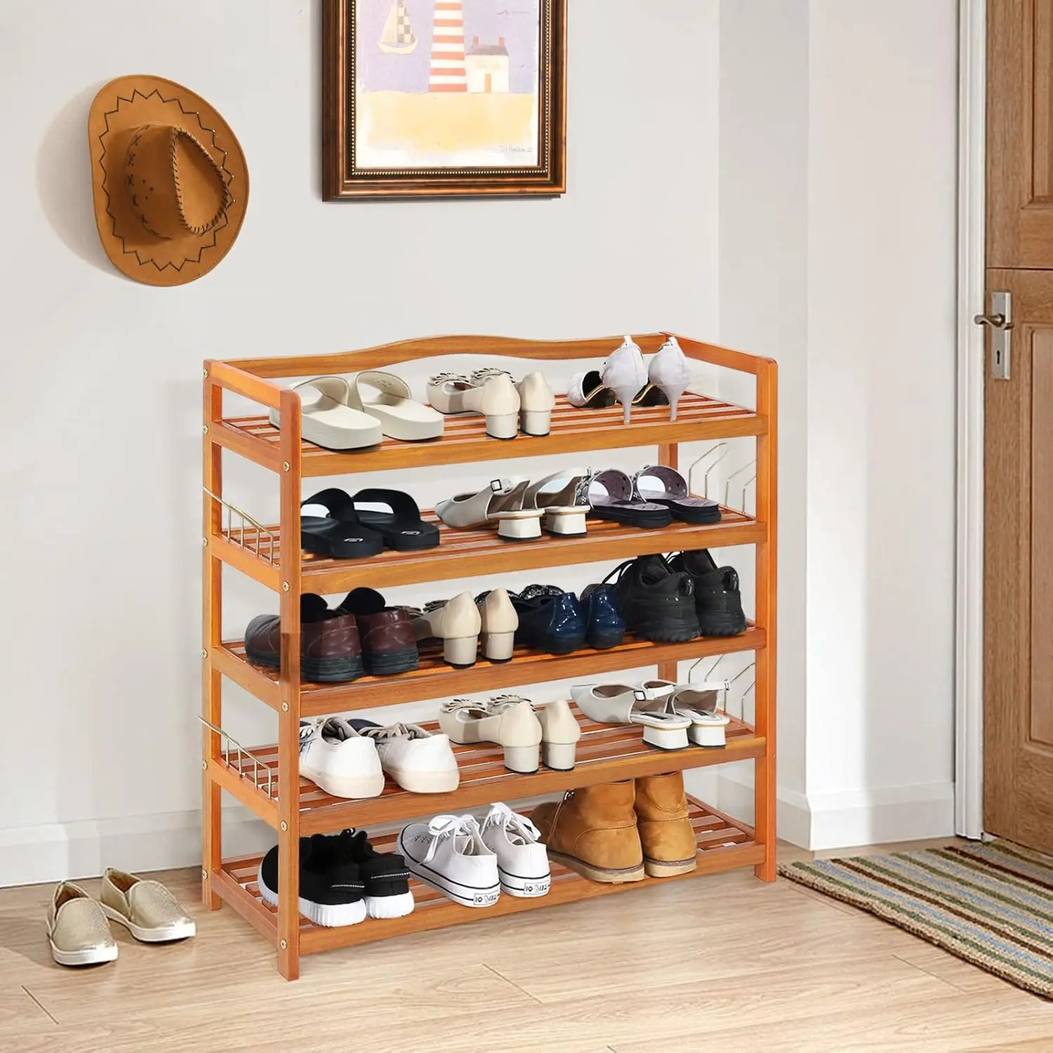 Giantex 5-Tier Shoe Rack, Acacia Wood Shoe Shelf with Side Metal Hooks, Holds up 12-18 Pairs, Wooden Shoe Storage Organizer for