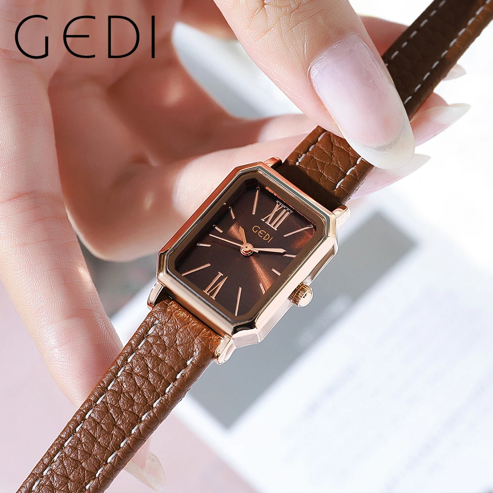 Fashion Gedi Top Brand Waterproof Rectangle Small Women Watches Vintage Coffee Leather Strap Casual Quartz Ladies Wrist Watches