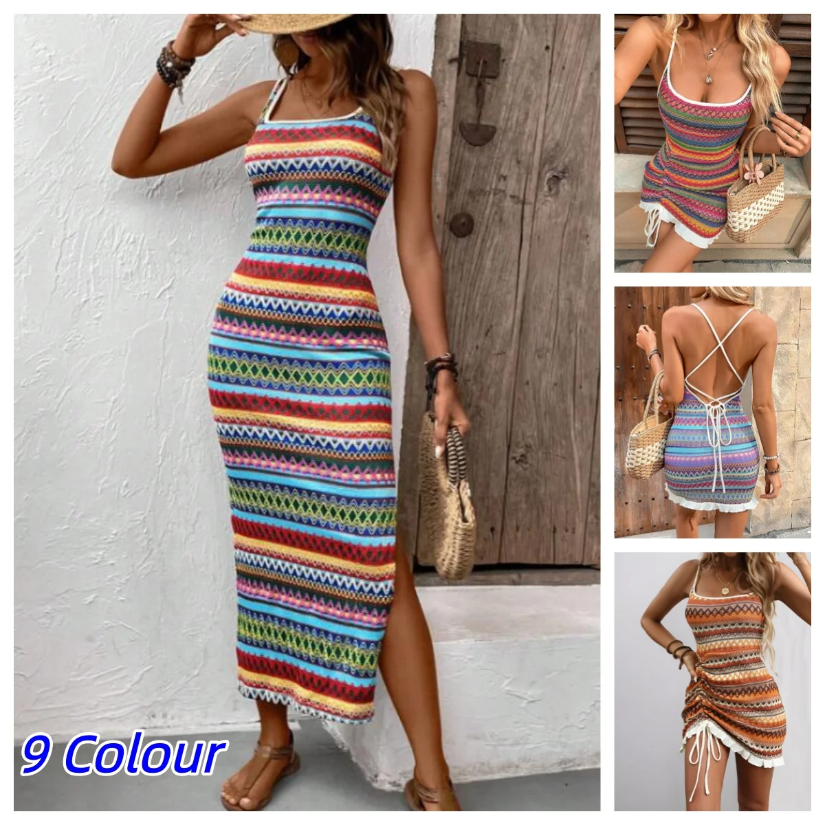 Y2K Women's Boho Geometric Striped Cami Maxi Dress - Ethnic V Neck High Split Sleeveless Bodycon Long Dress for Beach Vacation