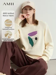 AMII Minimalism Casual Round Neck Sweatshirt for Women 2024 Winter New Artistic Abstract Print Fleece Loose Elastic Top 12424053