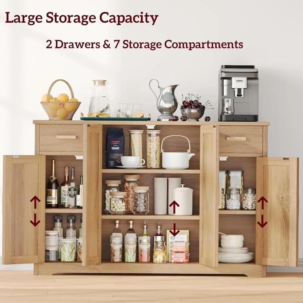 Rattan Sideboard, Storage Cabinet with Rattan Doors & Adjustable Shelves, Farmhouse Buffet Cabinet & 2 Drawers, Coffee Bar