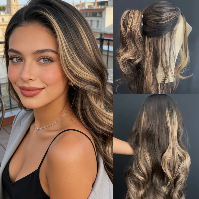 

Middle Parting Ombre Honey Blonde Mix Black Long Body Wave Glueless Wigs Synthetic Hair 28Inches 13*4 HD Transparent Lace Wigs