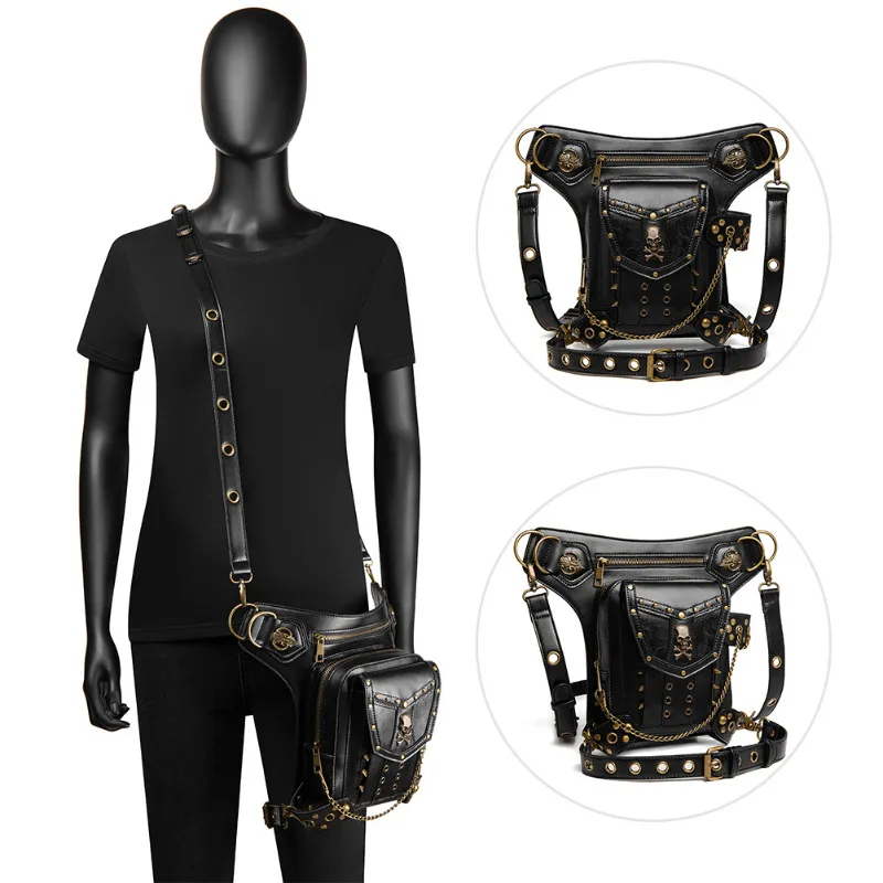 Trend Black Crossbody Shoulder Waist Bags Men and Women Retro Punk Skeleton Rivet PU Outdoor Riding Motorcycle Bag Fanny Pack