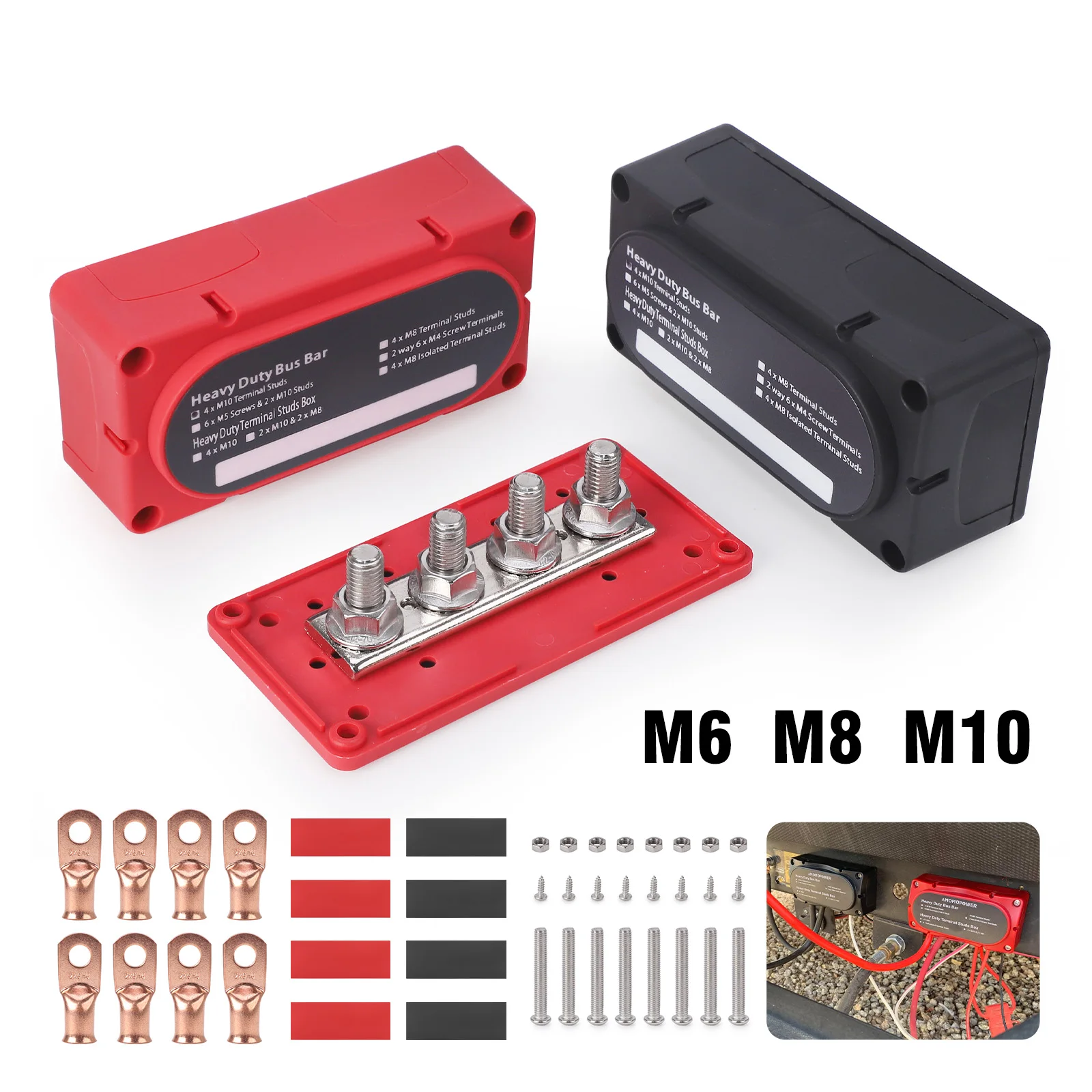 บล็อกจ่ายไฟบัสบาร์แบบแถวเดียว 4 ช่อง สำหรับงานหนัก 12-48V ทองแดงแดง ชุบนิกเกิล ไนลอน M6 M8 M10 สำหรับรถบรรทุก เรือ ยานพาหนะทางทะเล