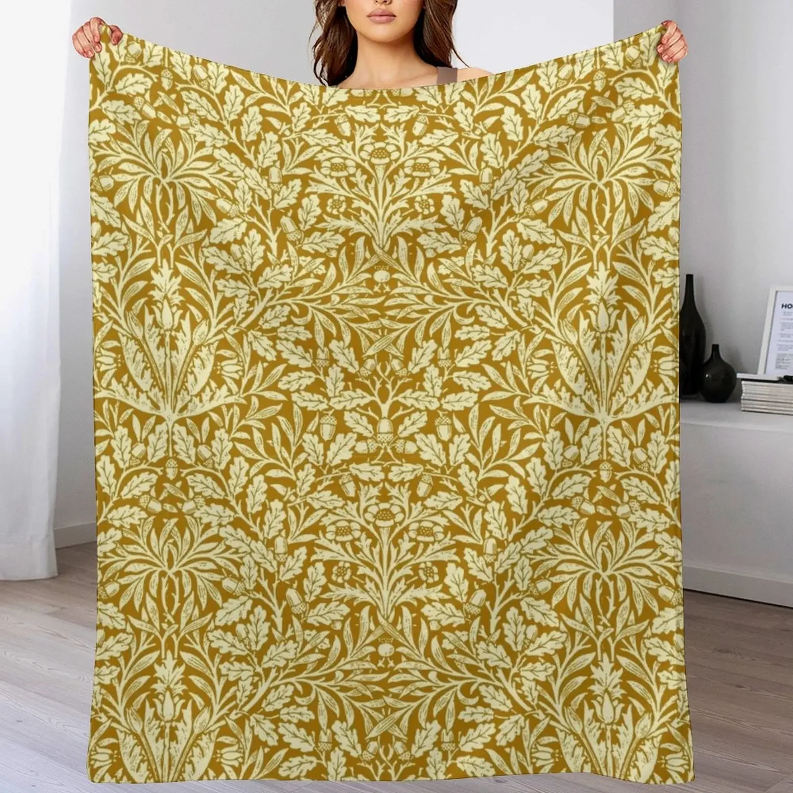 Art Nouveau Floral Damask, Mustard Yellow Throw Blanket Travel Size Cozy Blanket for Plane Train