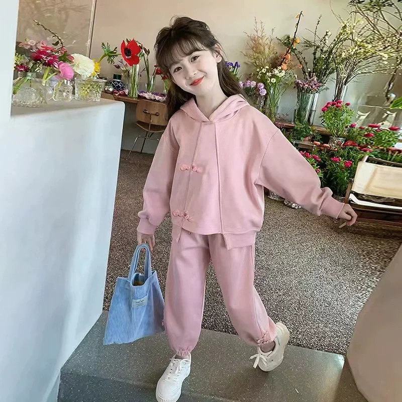 Spring Autumn Girls Fashion Plain Sweet Sweatshirt+Sweatpant Sets School Kids 2PCS Tracksuit Children Jogging Outfit 5-16 Y