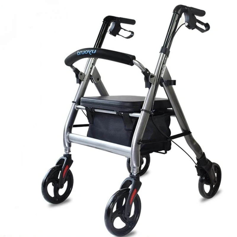 Lightweight Foldable All Terrain Rolling Walker with Seat, Aluminum Shopping Cart with Rubber Wheels Rollator Walker for Seniors