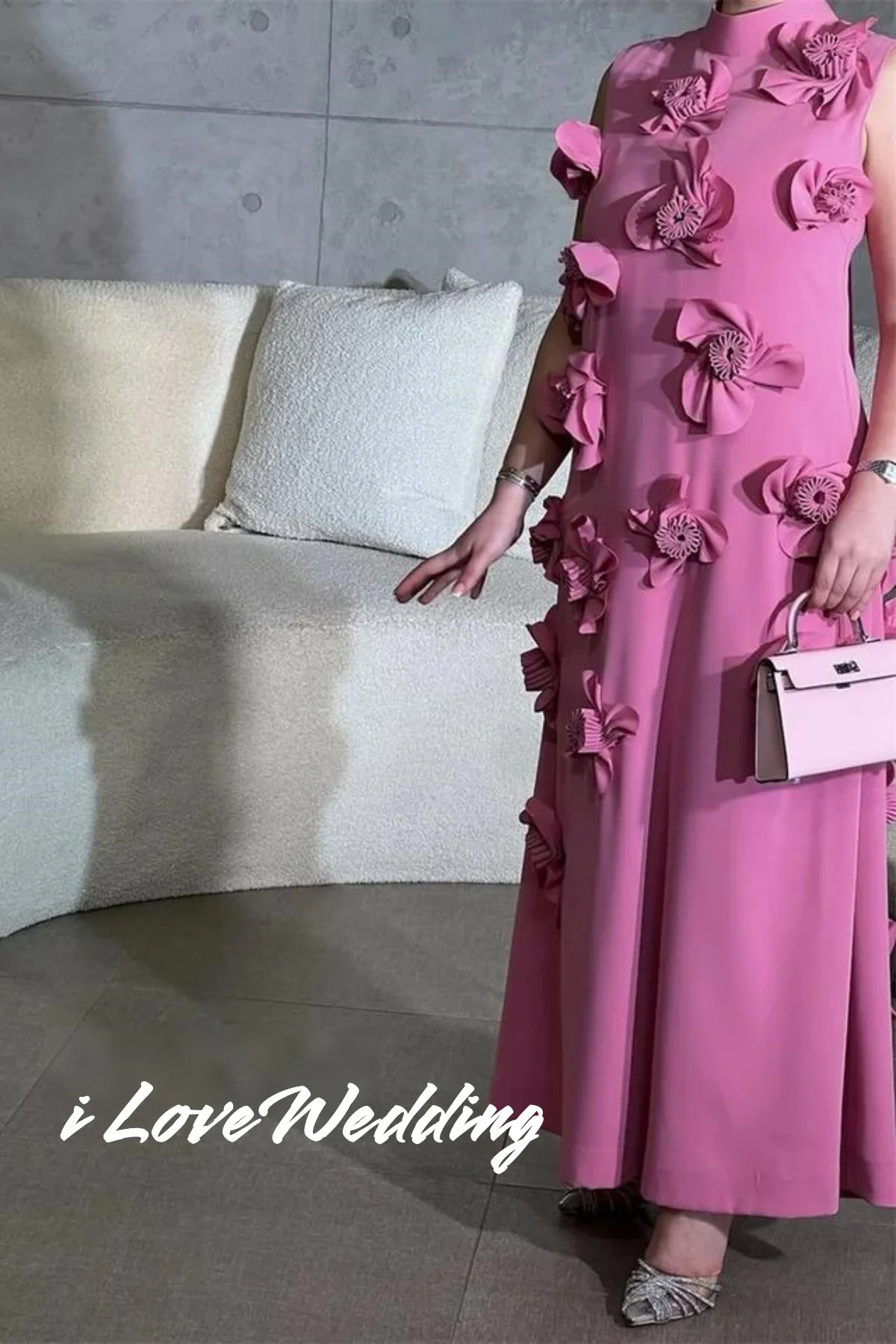 Pink High Neck Evening Dress 2025 Sleeveless A-Line 3d Flowers Ankle-Length Prom Dress Pleated Wedding Party Dresses Customized