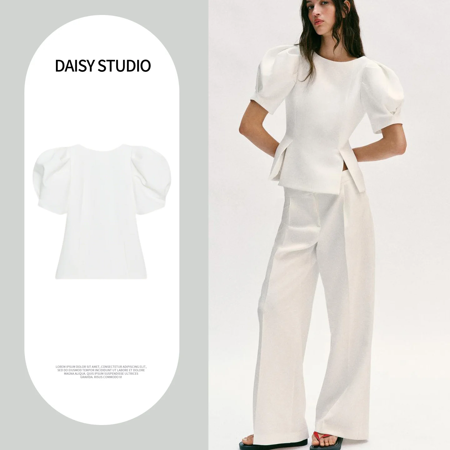 

Spring Summer New Women's Casual Zipper round Neck Bubble Sleeve Short Sleeve Top Front Hem Split Polyester Fiber Skin-friend...