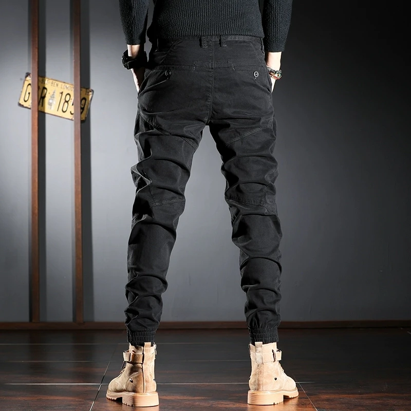 Black Casual Workwear Pants Men's Fashion Brand All-Match Autumn Sports Cuffed Trousers Slim Fit Leisure Long Pants