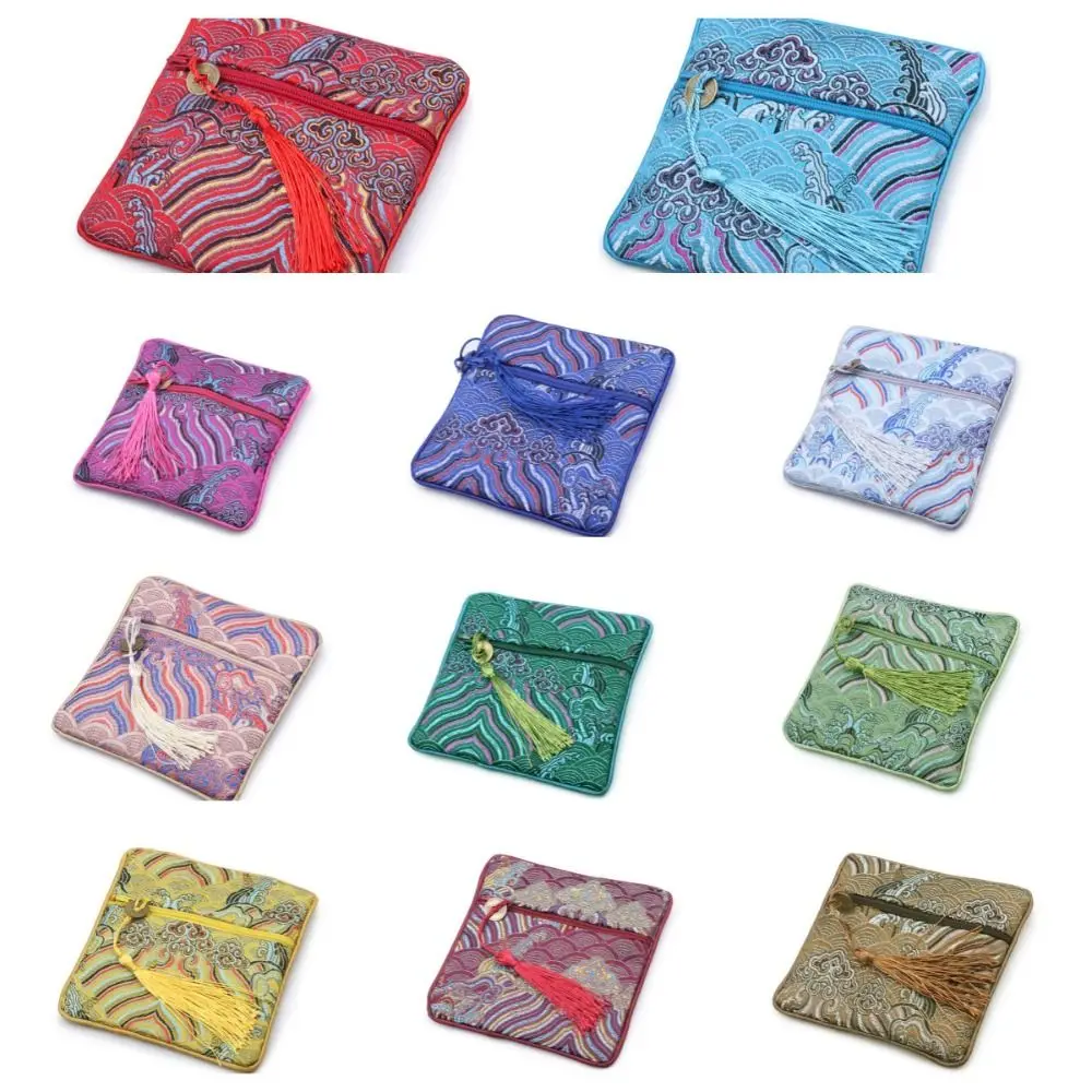 Chinese Style Silk Jewelry Organizer Embroidery Coin Purse Brocade Pouch Sea Wave Pattern Blessing Bag Jewelry Storage Bag