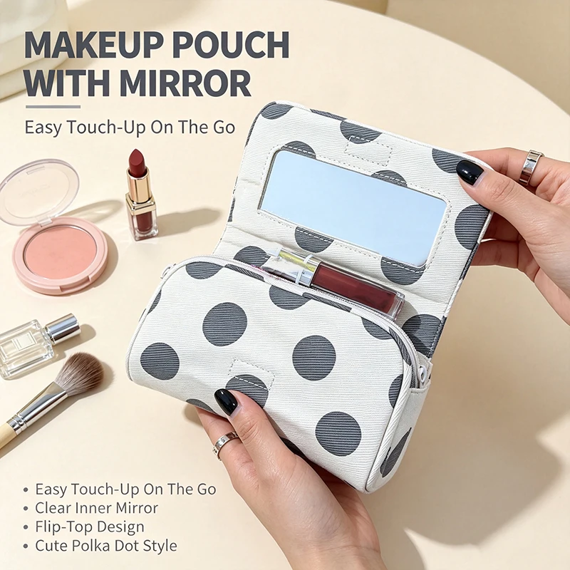 Portable Small Cosmetic Bag Durable Canvas Polka Dot Stripe Pattern with Built-in Makeup Mirror for Outdoor Travel Daily Use