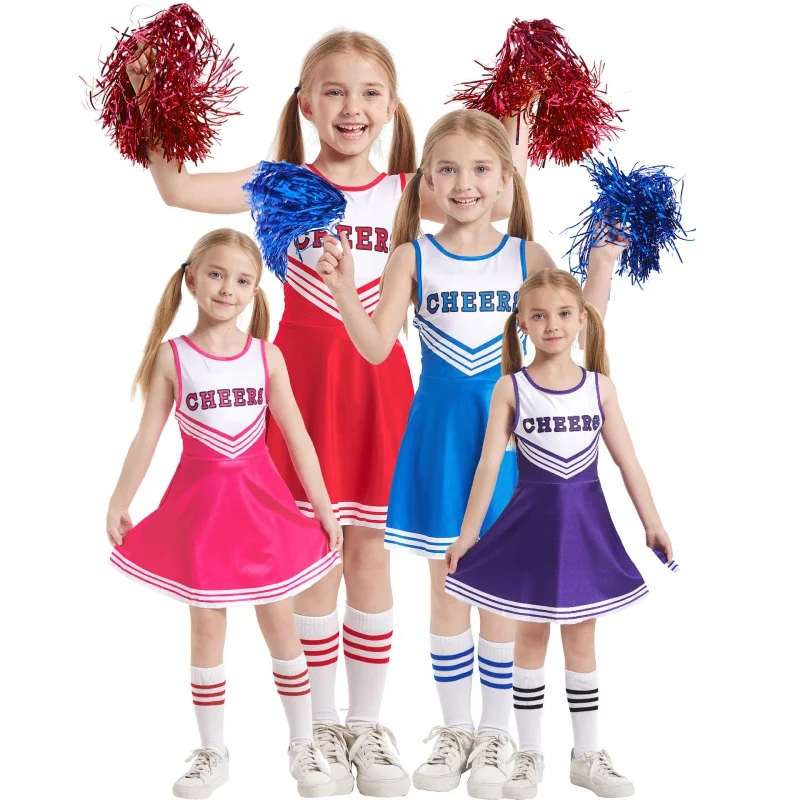 Bambini ragazze Cheerleader abiti da ballo Fancy Cheer Outfit Set Cheer Uniform Pom Poms per Halloween Cosplay Party Costume