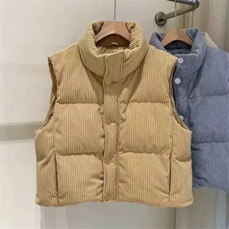 

Corduroy Cottons Vest Women Winter New Korean Vintage Stand Collar Sleeveless Jacket Female Casual Outwear Loose Waistcoat T1646