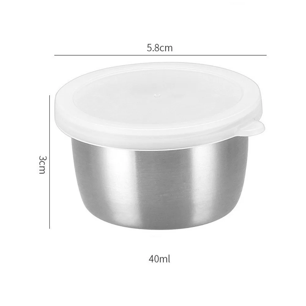 1/6PCS Plastic Lids Dipping Sauce Cups Portable Reusable Stainless Steel Bowls Round Shape 40ml Salad Dressing Dish
