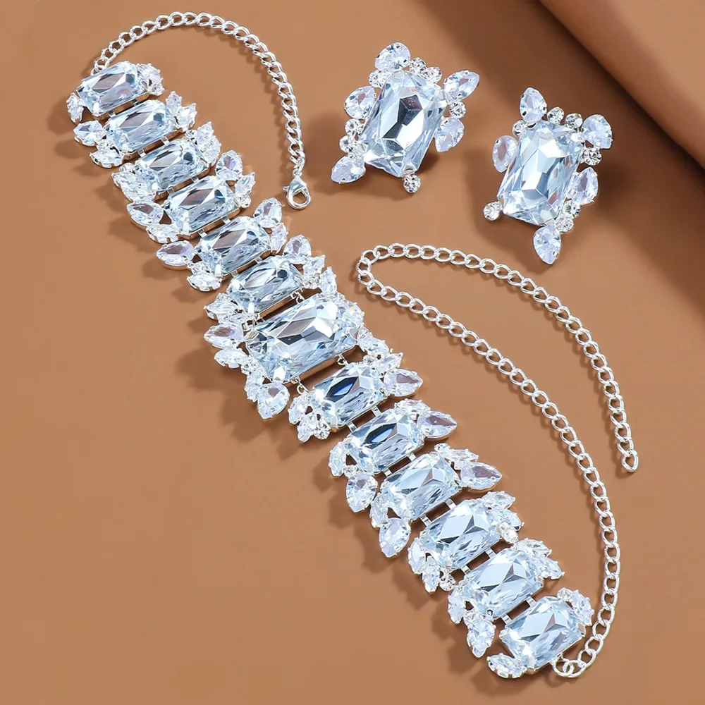 Stonefans Bride Crystal Necklace Earrings Set Bridesmaid Wedding Jewellry Two Pieces Choker Necklace Prom Costume Jewelry Sets