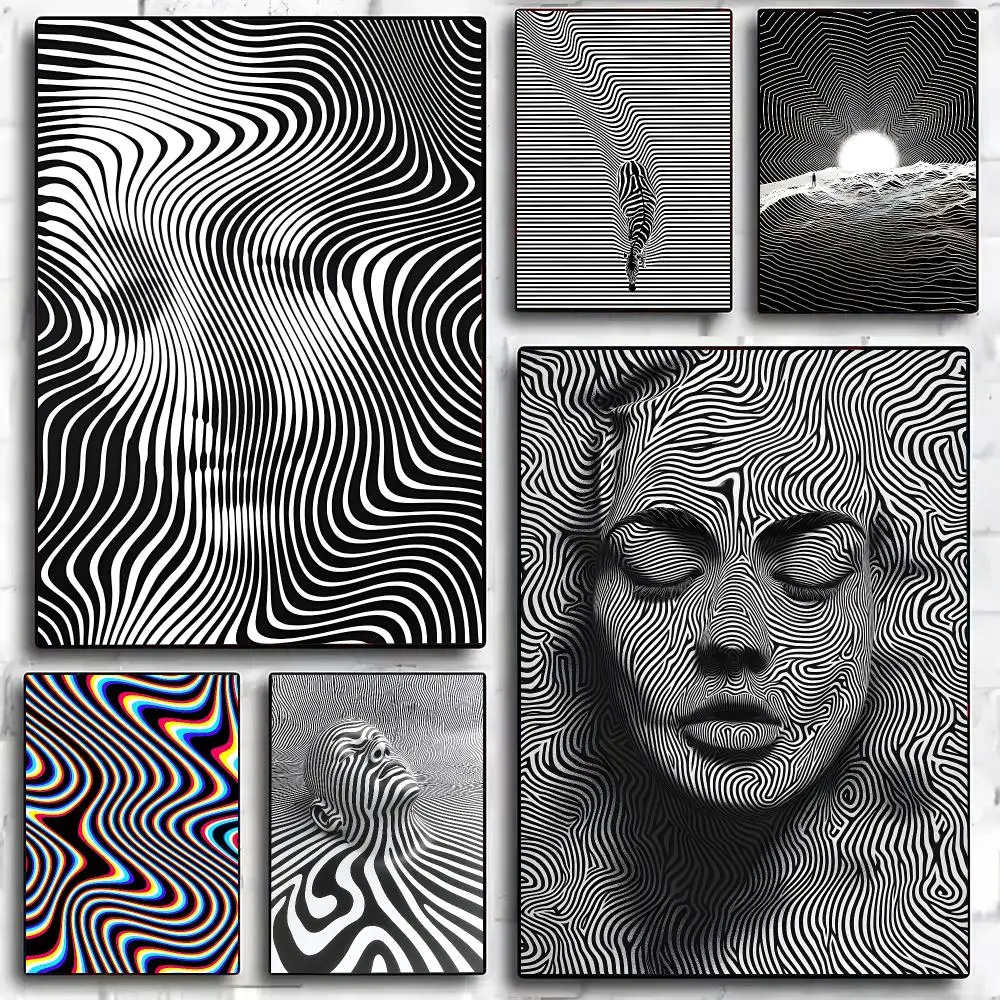 Black And White Optical Illusion Waves Poster Painting And Print Wall Art Picture For Home Room Decor Gifts