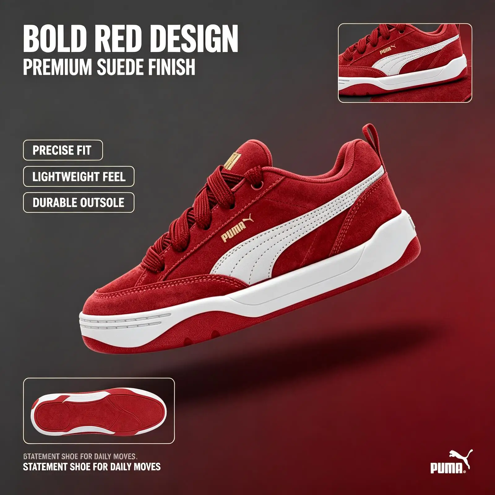 Puma 401606-16 Official Genuine  Low Top Sneakers 401606-16 Red Suede Leather Embroidered Logo Heel Pull Casual Shoes