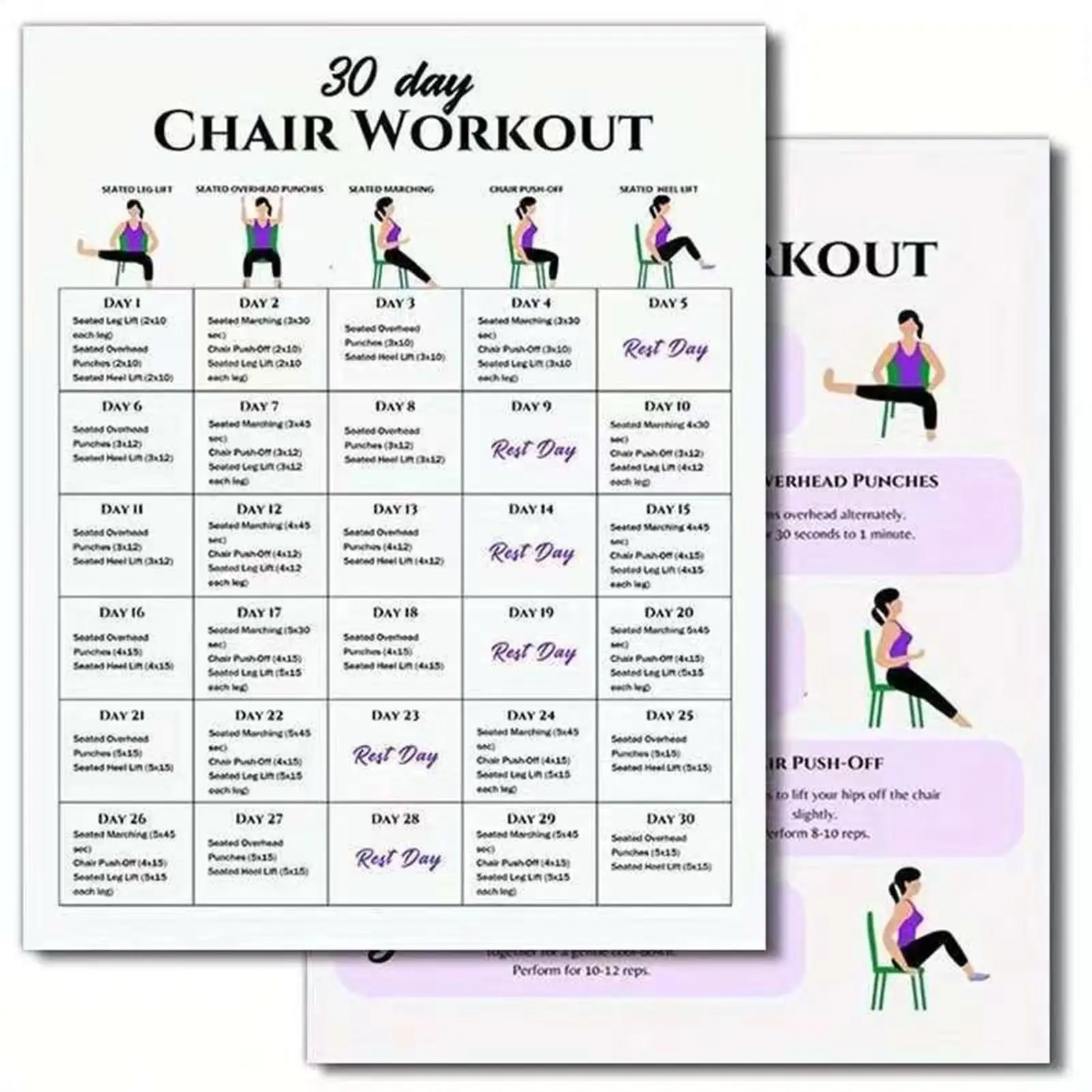 6 Pieces 30-Day Chair Exercises Plan Poster For Seniors Fitness Poster Yoga Seated Posture Exercise Charts For Morning Sports