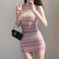 Summer Sweet Women  Rainbow Stripe Dress  Knitted Slim Fit Short Wrapped Hip Dress