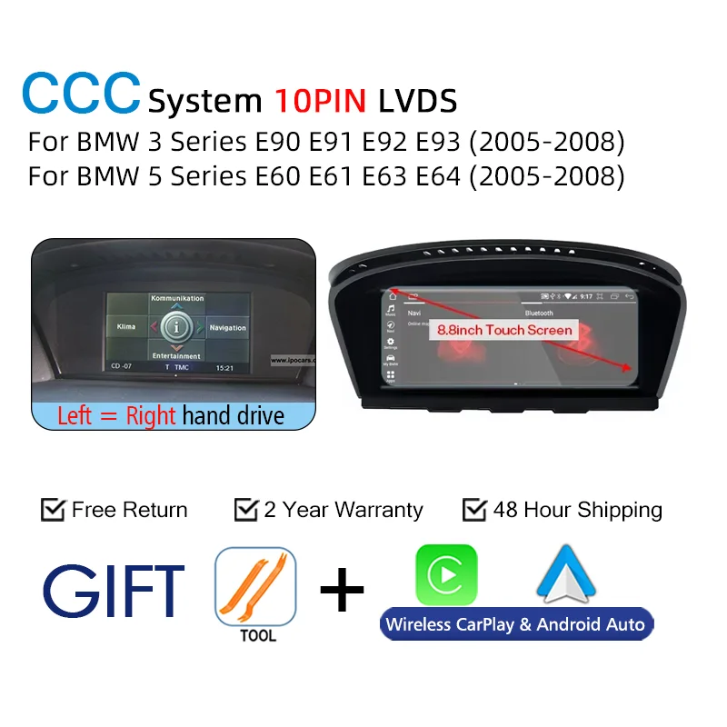 Nieuw Android 14 draadloos CarPlay scherm voor BMW E60 E61 E62 E63 E90 E91 E92 2005-2012 auto multimediaspeler GPS radio navigatie - afbeelding 1