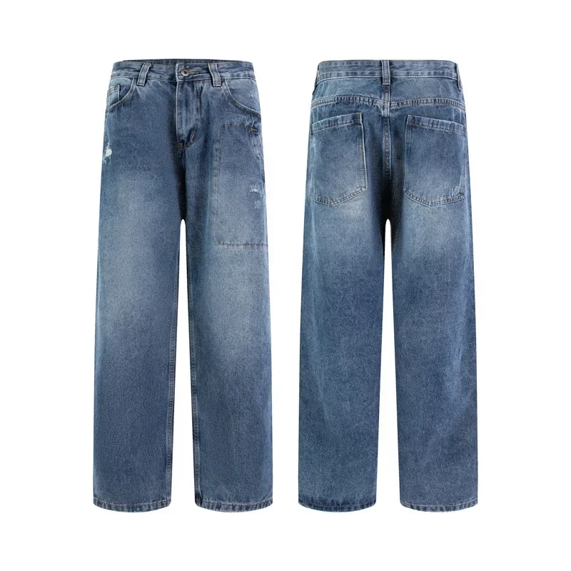 

Men Straight Jeans Ripped Distressed Holes Jean Washed Loose Fit High Waist Full Length Denim Pants Zipper Fly Casual 2025