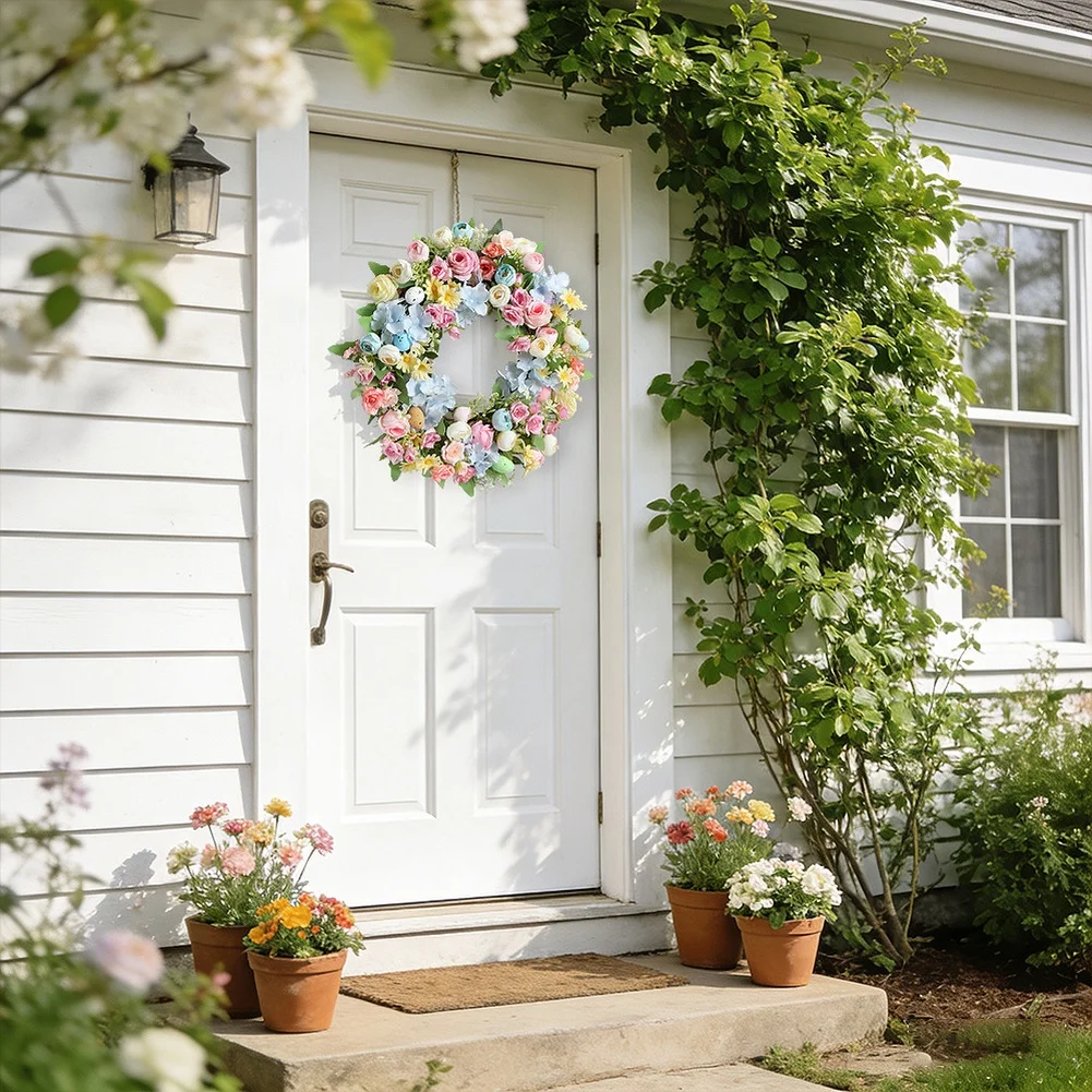 

Spring Wreath with Silk Flowers for Front Door For Indoor Decor Modern Minimalist Easter Breeze Theme Floral Garland