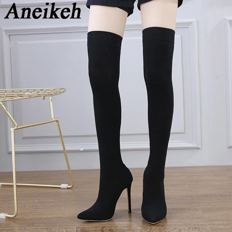 Aneikeh 2024 Fashion Sexy Pointed Nightclub Pole Dance Over Knee Sock Boots Women\'s Spring/Autumn Stretch Fabric Chelsea Boots