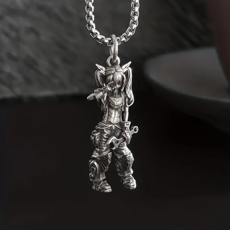 Vintage Silver Plated Anime Figure Mechanical Girl Pendant Necklace for Men Women Fashionable Hip-hop Rock Jewelry Party Gifts