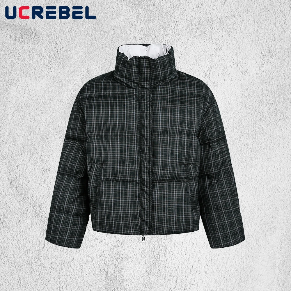 

Клетчатый двусторонний пуховик мужской зимний теплый уличный воротник-стойка с длинным рукавом и шнурком подол хлебная куртка мужская