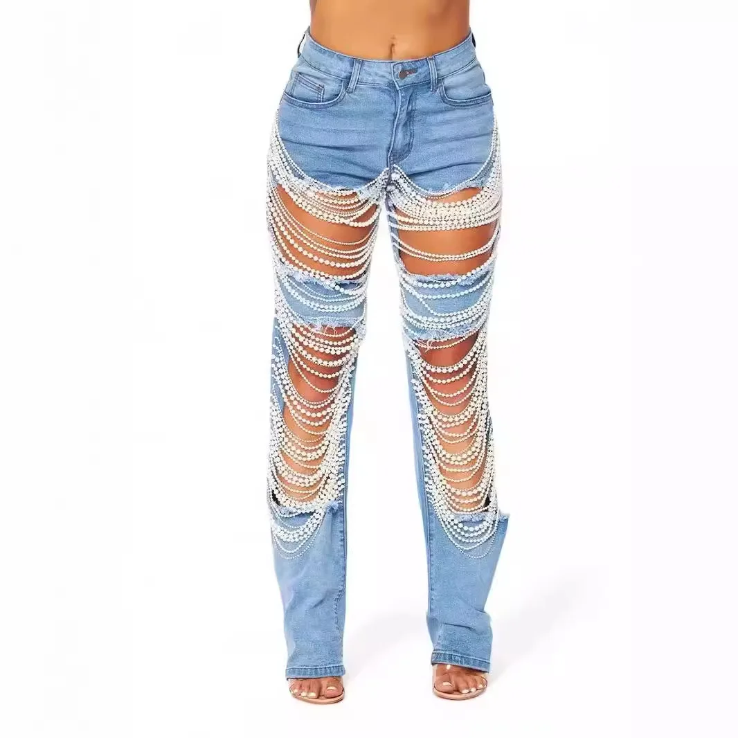 Women's Denim Jeans 2026 Big Ripped Denim Pants with Chain and Bead Accessories Straight Fit