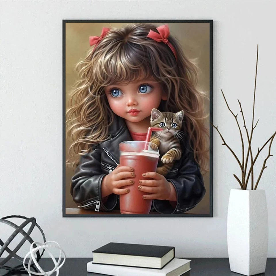Diy 5D Diamond Painting Cute Girl Coffee Cat  Full Rhinestone Art Pet Animals Dog Mosaic Embroidery Kits Wall Decor