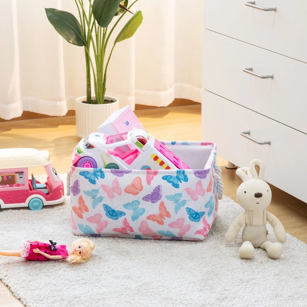 Kids Butterfly Canvas Storage Basket with Handles, 15x11x7.8 Inch Organizer Bin for Toys, Books, Clothes, Nursery, Kids Room, Cute Butterfly Design, Collapsible Storage Box