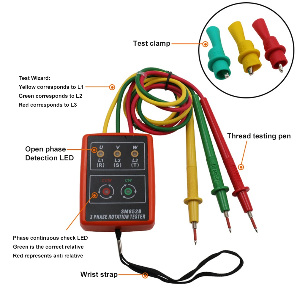 SM852B Three Phase Rotation Tester Digital Phase Detector LED Buzzer Three-Phase 60V-600V AC Phase Sequencer